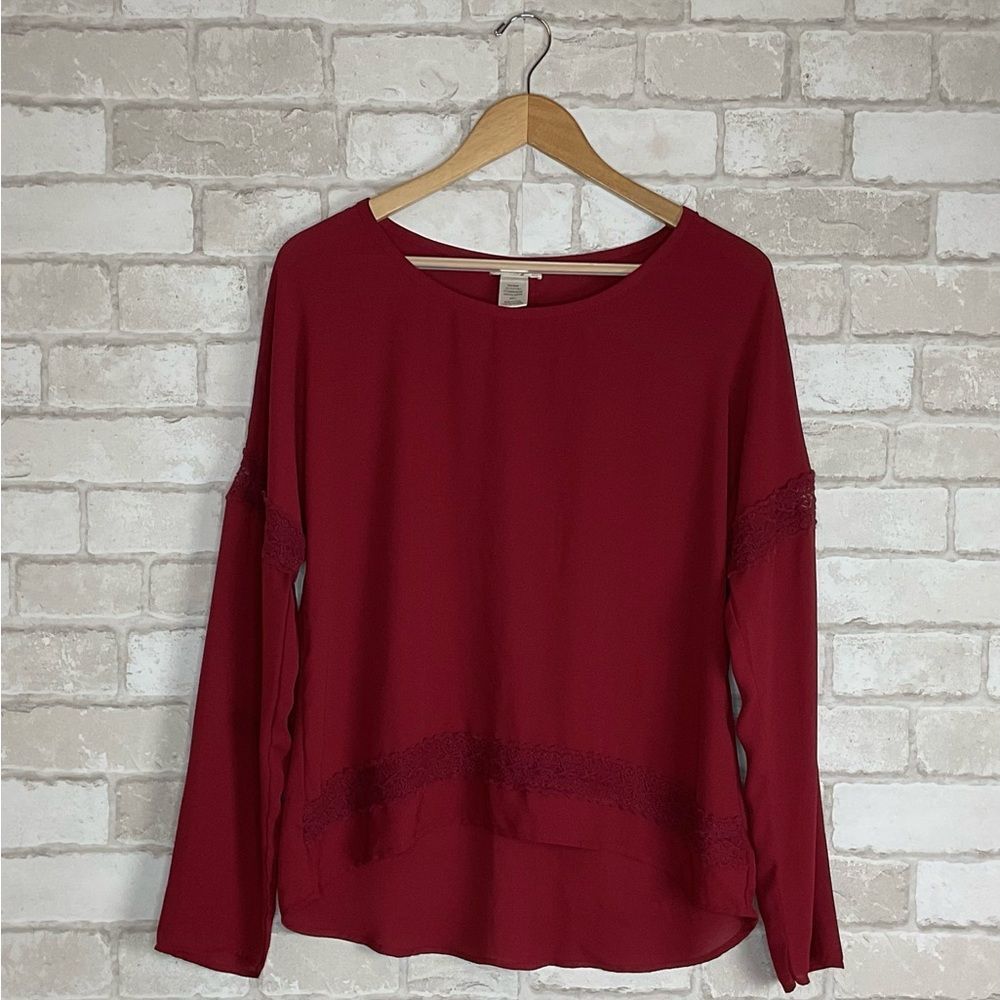 Burgundy Long Sleeve Lace Detail Blouse Size L